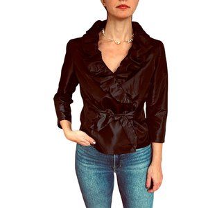 Mon Bijou Black Taffeta Ruffle Front Wrap Jacket Blouse Size 8